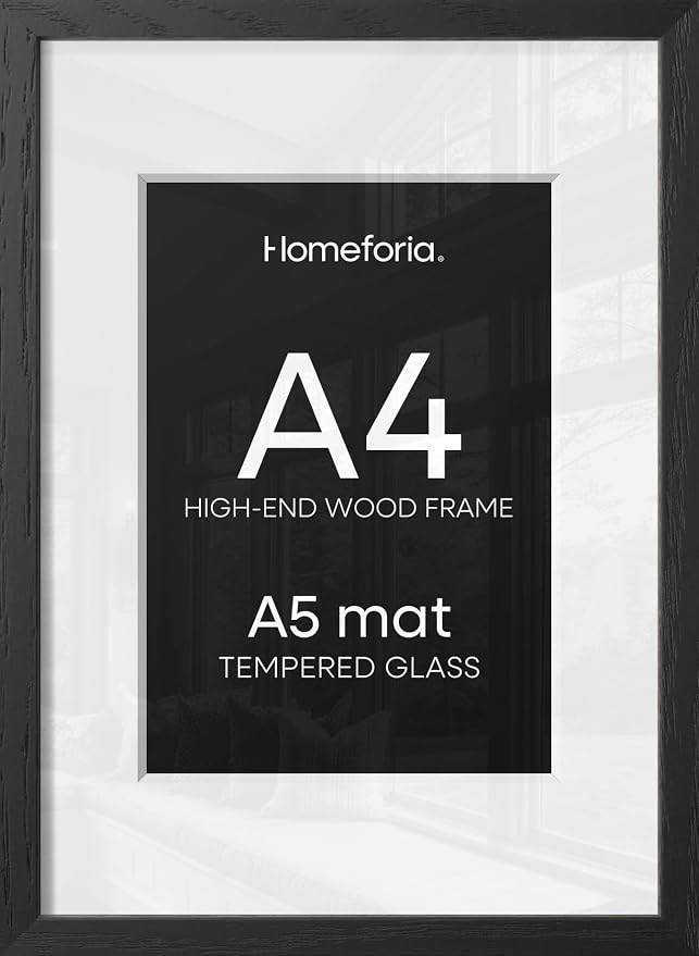 Homeforia A4 Picture Frame Black Wood, High-End Oak 8.3 x 11.7 Black Poster Frames Matted to 5.8 by 8.3 Photo, 8.3x11.7 Size Wooden Frame with Mat for 5.8x8.3 Print, Tempered Glass, Wall Kit, Set of 2