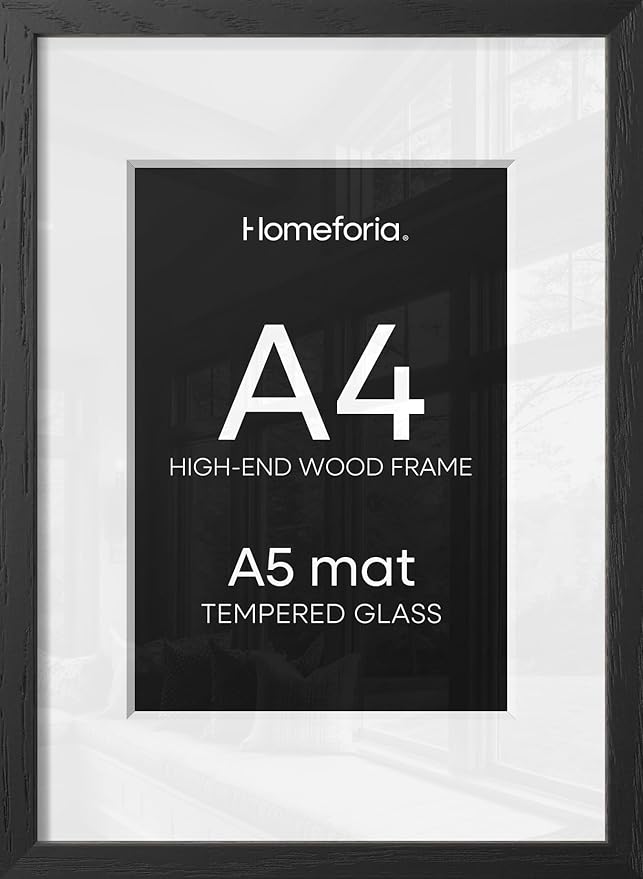 Homeforia A4 Picture Frame Black Wood, High-End Oak 8.3 x 11.7 Black Poster Frames Matted to 5.8 by 8.3 Photo, 8.3x11.7 Size Wooden Frame with Mat for 5.8x8.3 Print, Tempered Glass, Wall Kit, Set of 1