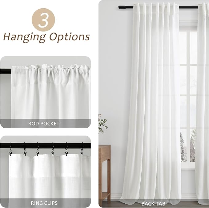 Aersas Off White Back Tab Linen Curtains for Living Room 2 Panel Light Filtering Semi Sheer Linen Drape Neutral Country Rustic Farmhouse Boho Curtain 52W x 90L