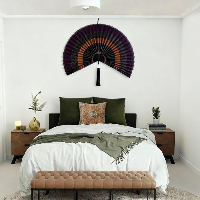 ChumDecor Fan Wall Decor, Large Bamboo Fans for Boho Hanging Headboard, Decorative Folding Fans for Over Bed, Asia Trending (Ebony 31inch)
