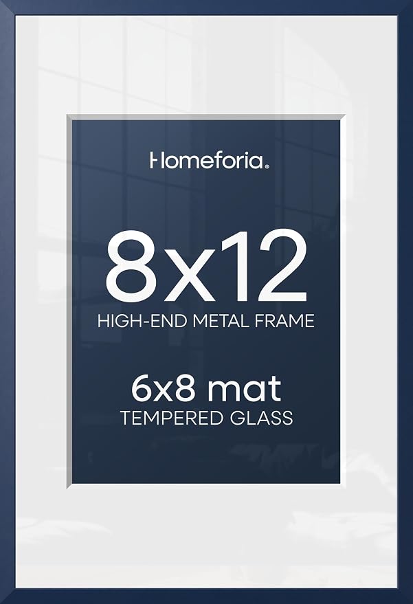 Homeforia 8x12 Picture Frame Navy Blue, High End Metal 8 x 12 Poster Frames with Mat 6 by 8 Photo, 12x8 Frame Matted to 6x8 inch Print, 8by12 Wall or Tabletop Frame, Tempered Glass, Wall Kit, Set of 2