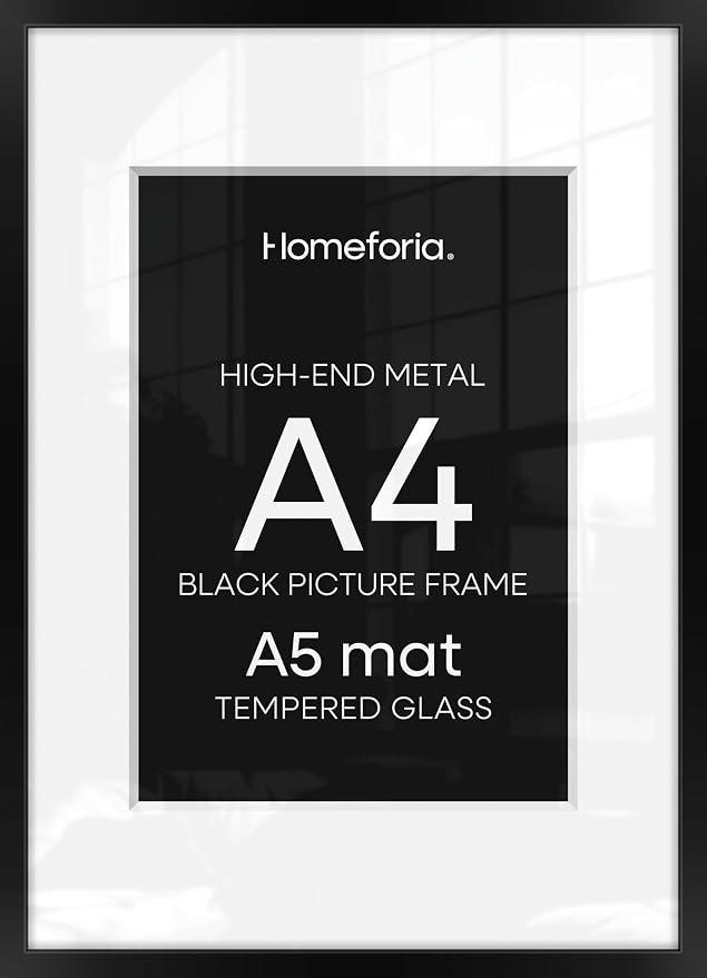 Homeforia A4 Picture Frame Black, High End Metal 8.3 x 11.7 Frames for Wall, A4 Photo Frame with Mat for A5 inch Print, 8.25 by 11.75 Black Poster Frames, 8.3x11.7 Frame with Glass, Wall Kit, Set of 4