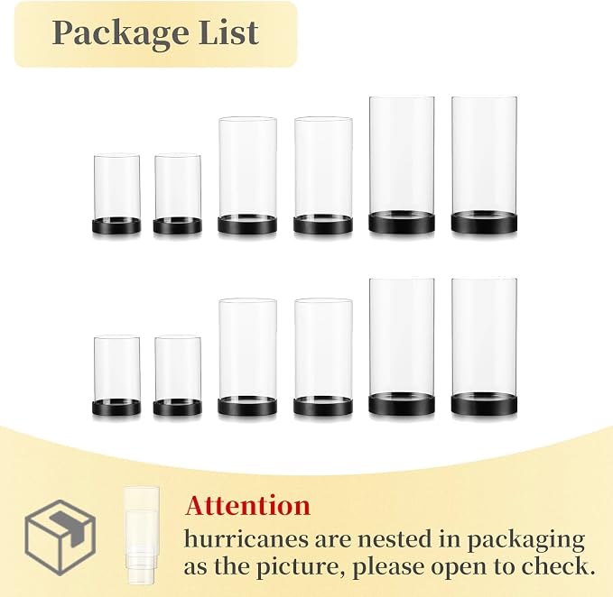 Hewory Hurricane Candle Holder for Pillar Candles: Black Votive Candle Holders Set of 12, Glass Hurricane with Metal Candle Plate, Pillar Candle Holder for Table Centerpiece Wedding Holiday Home Decor