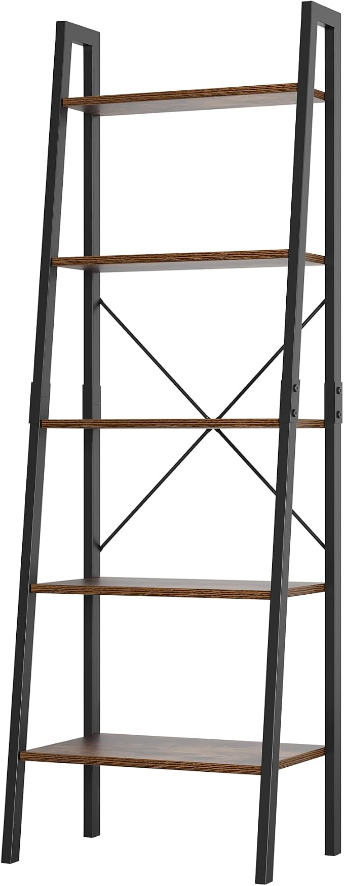 FINETONES 5-Tier Ladder Shelf, Ladder Bookshelf Bookcase with Metal Frame, Plant Rack Display Shelf Accent Furniture for Home Office, Black/Rustic Brown