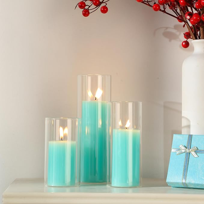 Shihanee Set of 3 Pillar Candles and 3 Glass Cylinder Candle Vases Holders Clear Pillar Jars for Wedding Centerpieces(2.6'' X 4.7'', 5.9'', 7.9'',Lake Blue)