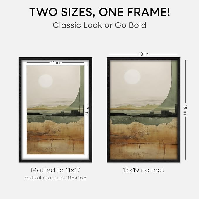 Homeforia 13x19 Picture Frame Black Wood, High End Oak 13x19 Frames with Mat 11x17 Photo, 13 x 19 Wooden Poster Frame Matted to 11 by 17 Print, 19x13 Hanging Frames, Tempered Glass, Wall Kit, Set of 3