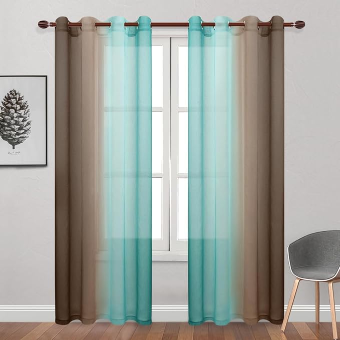 DWCN Ombre Sheer Curtains - Faux Linen Semi Voile Grommet Top Gradient Curtains for Bedroom and Living Room, Set of 2 Window Curtain Panels, 52 x 84 Inch Length（Teal and Chocolate Brown