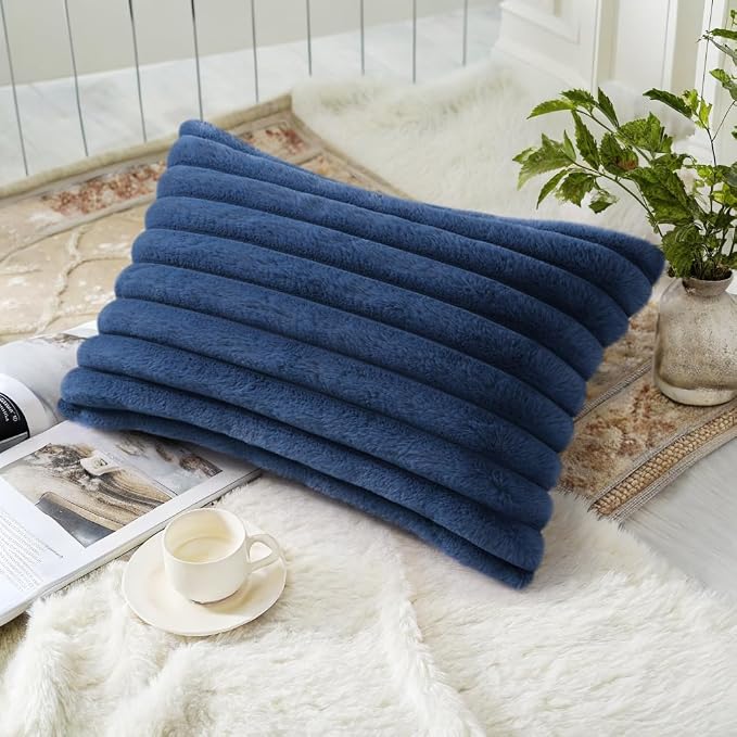 decorUhome Fall Faux Fur Throw Pillow Covers 12x20 Set of 2 Decorative Soft Plush Striped Lumbar Coastal Modern Farmhouse Boho Couch Pillow Cases with Velvet Back for Sofa Bed Living Room, Blue