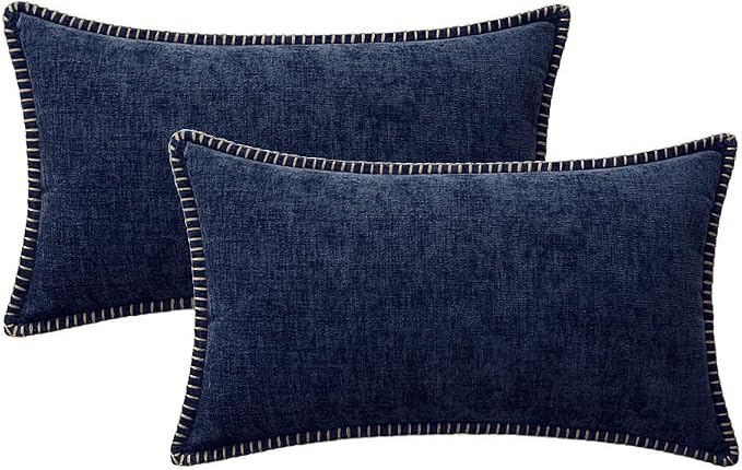 MIULEE Pack of 2 Lumbar Throw Pillow Covers 12x20 Inch Navy Blue Farmhouse Decorative Pillow Covers with Stitched Edge Soft Chenille Solid Dyed Pillow Covers for Couch Sofa Bed Living Room