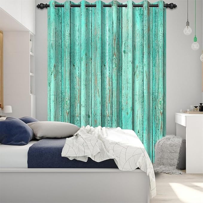 Mint Green Window Curtains Vintage Rustic Wood Plank Old Barn Door Garage Door Vertical Striped Wood Farmhouse Rural Farm Style Living Room Bedroom Drapes Treatment,26x84 inch,2 Panels