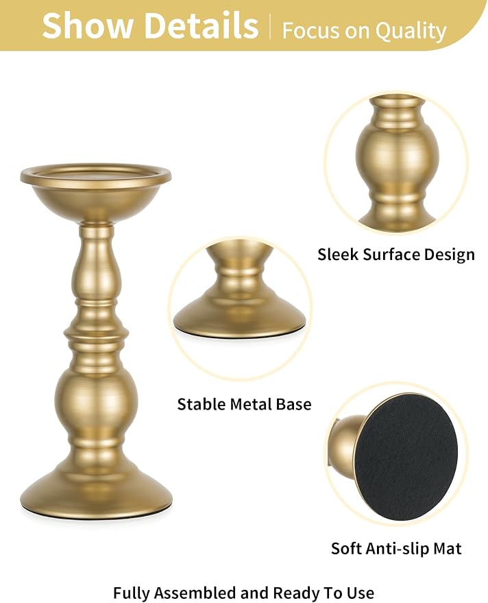 Set of 2 Gold Candlestick Metal Pillar Candle Holders, Flameless Candlestick Holders Stand Centerpieces Decoration Ideal for Weddings, Special Events, Parties
