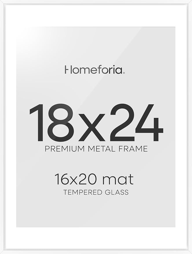 Homeforia 18x24 Poster Frame White, High End Metal 18 x 24 Picture Frames with Mat 16 by 20 inch Photo, 18x24 White Frame Matted to 16x20 Print, 24x18 Hanging Frame, Tempered Glass, Wall Kit, Set of 2