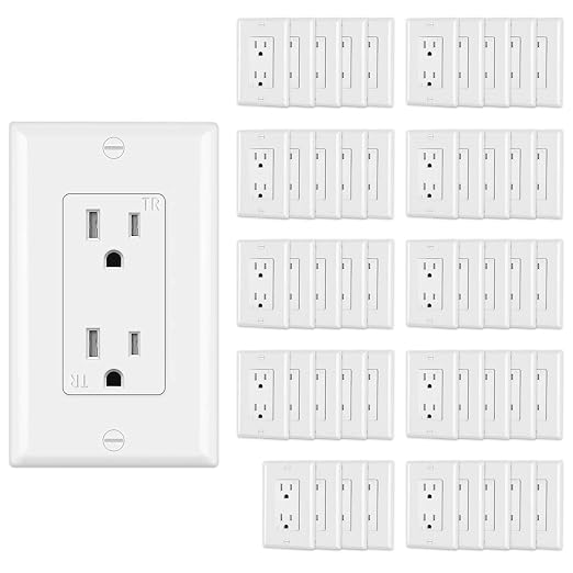 CML Decorator Wall Recetpacle Outlet, 50 Pack Tamper Resistant 15 Amp Standard Electrical Outlets, 15A/125V, 2 Pole 3 Wire, Wallplate Included, UL Listed, White