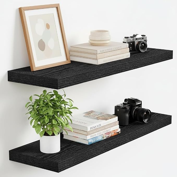 Vivelove Floating Shelves 24 Inch, Black Wall Shelves Over Toilet with Invisible Brackets for Bathroom Living Room Kitchen Bedroom Office Farmhouse Home Decor, 24" X 9.3" X 1.5" - Set of 2