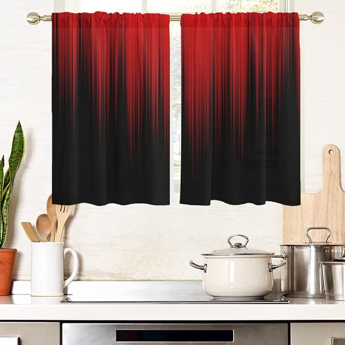 AAtter Red and Black Kitchen Curtains, Gothic 27.5" W x 45" L, 2 Panels | Burgundy Ombre Rod Pocket Bathroom Window Drapes, Dark Modern Abstract Style, Cool Anime Design, Spooky Small Short Tiers