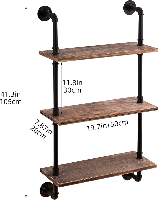 ROGMARS 3-Tier Real Pine Wood Floating Shelf, 20x7.87x41.3in, Industrial Retro Style, Bathroom Wall Shelves, Kitchen Shelves | 20x7.87x41.3in, Industrial Retro Style, Bathroom Wall Shelves, Kitchen Shelves