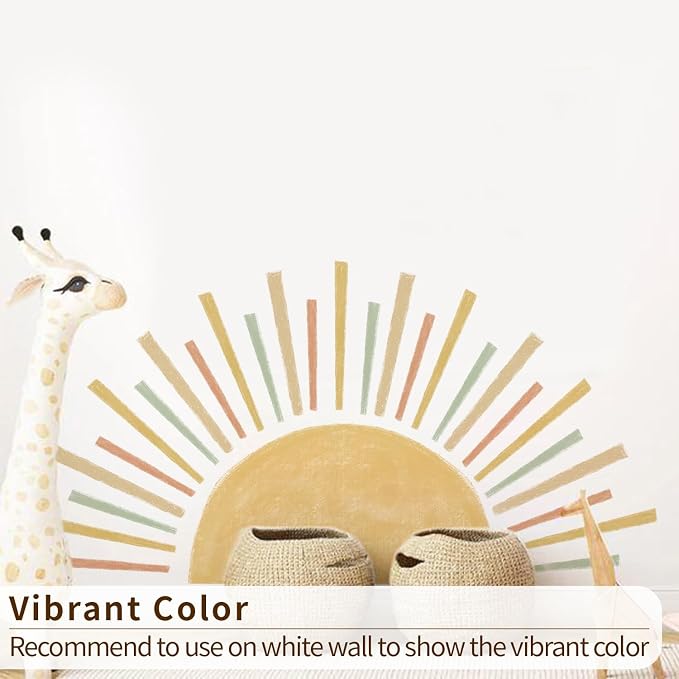 Large Boho Half Sun Wall Decals Peel and Stick, Watercolor Pastel Sun Decal Sunrise Wall Murals Stickers, Sunshine Wall Stickers for Kids Room Playroom Nursery Bedroom, 48.07" x 24.82"