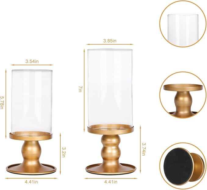 NITIME 2Pcs Hurricane Candle Holder for Pillar Candles, Gold Candle Holders with Clear Glass Sleeve for Table Centerpieces,Pillar Candle Holders for Home Decor, Wedding, Holiday and Party Decor