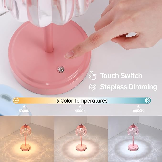Shenmoyl Rechargeable Table Lamp with 5200mAh Battery & Touch Control - 3 Adjustable Color Temperatures, Cordless Dimmable Table Light for Bedroom, Office Desk, Nightstand (Clear Pink,Pink Base)