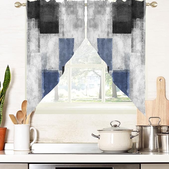 AAtter Black Blue Kitchen Valance Curtain for Window Abstract Gray Grey Mens Goth Geometric Small Short Swag Topper Bathroom Living Room Bedroom Rod Pocket Drapes Fabric 1 Pair, 28" W x 36" L, Modern