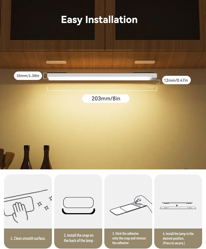 Under Cabinet Lighting Wireless, 3 Packs Rechargeable Motion Sensor Light Indoor Disassembled, 3 Color Temps Closet Light Stick on, 8 Inches Under Counter Lights for Kitchen, Wardrobe, Bedroom