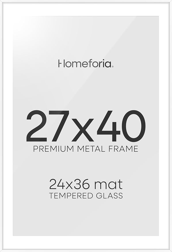 Homeforia 27x40 inch Poster Frame White, High End Metal 27 x 40 Large Movie Picture Frames with Mat 24 by 36 in Photo, 27x40 Thin Frame Matted to 24x36, 40x27 Frame, Tempered Glass, Wall Kit, Set of 2
