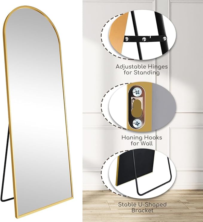 Prywot Arched Full Length Mirror, 71"x30" Free Standing Floor Mirror, Modern Full Body Mirrors with Stand, Wall Mirrors with Aluminum Alloy Frame for Bedroom,Living Room, Gold