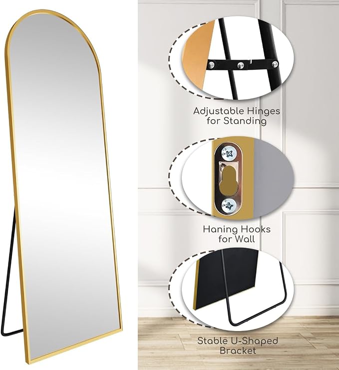 Prywot Arched Floor Mirror, 58 "x 18" Full Length Mirror Wall Mirrors Hanging or Leaning Arched-Top Full Body Mirrors with Stand for Bedroom, Dressing Room, Gold