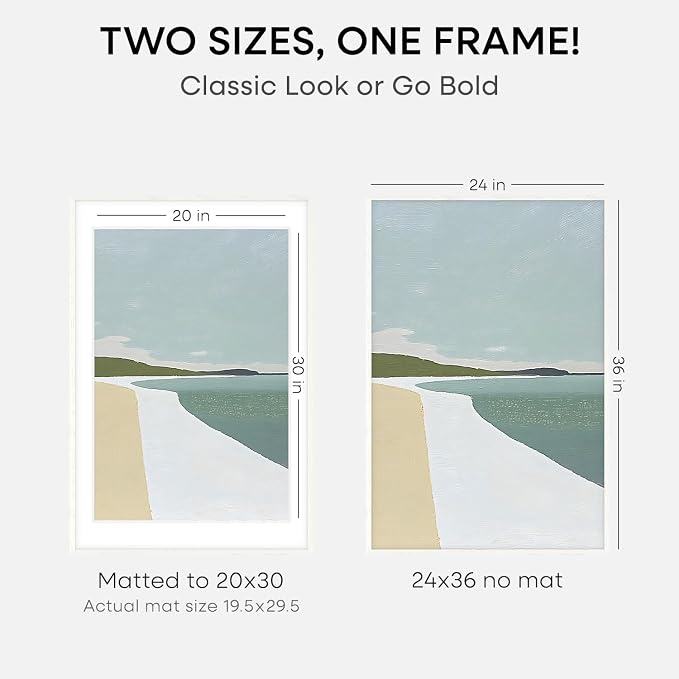 Homeforia White Picture Frame 24x36, High End Oak 24 x 36 Wood Poster Frame with Mat 20 by 30 for Photo, 24x36 Large Wooden Frame Matted to 20x30, 36x24 Thin Frames, Tempered Glass, Wall Kit, Set of 2