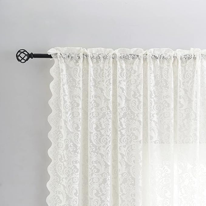 ALIGOGO Ivory Lace Curtains 63 Inch Length - Vintage Floral Cream Sheer Curtains for Bedroom Nursery 2 Panels, Rod Pocket Privacy Off White Window Treatments with Scalloped Edges, 52 x 63 Inch