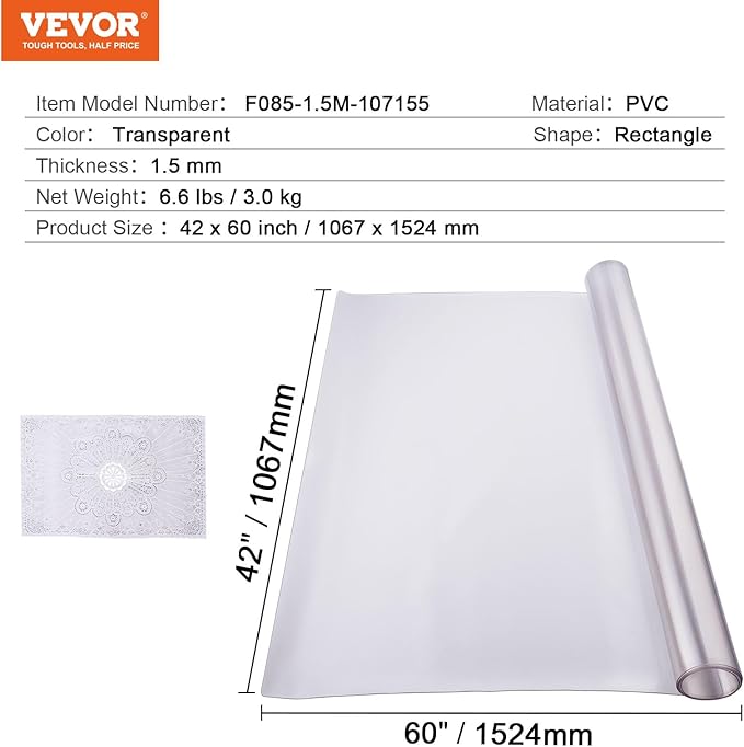 VEVOR Plastic Table Cover, 42 x 60 Inch 1.5 mm Thick Frosted Rectangle PVC Desk Mat Protector, Waterproof & Easy Cleaning Pad Tablecloth, for Office, Dresser, Dining Room, Night Stand