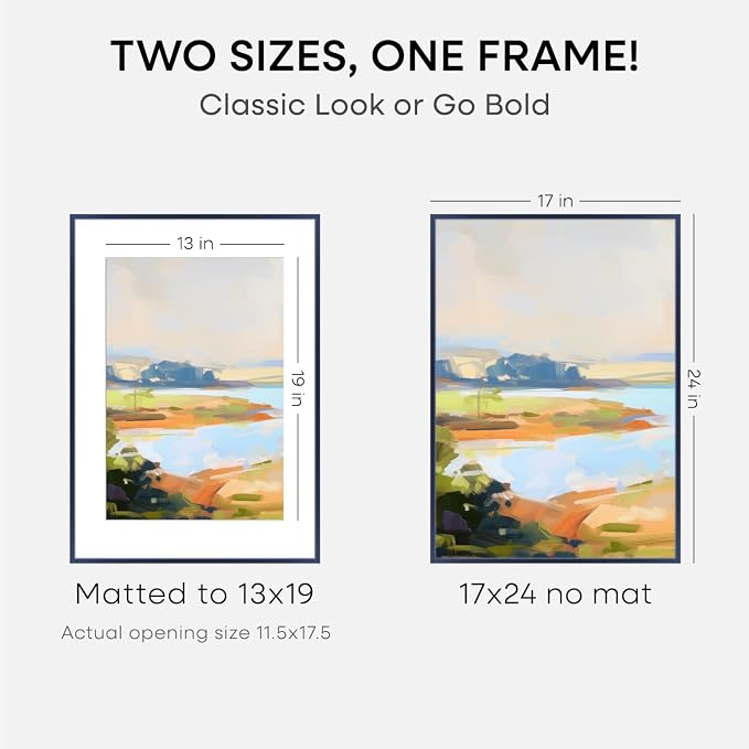 Homeforia 17x24 Picture Frame Navy Blue, High End Metal 17x24 Poster Frames with Mat 13x19 Photo, 17 x 24 Navy Blue Frame Matted to 13 by 19 Print, 24x17 Thin Frame, Tempered Glass, Wall Kit, Set of 2