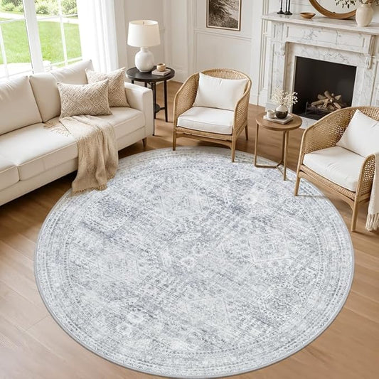 Round Area Rug for Living Room: 8ft Vintage Boho Neutral Washable Circle Rug Soft Large Circular Carpet for Bedroom Nursery Farmhouse Dining Room Office Floor Non-Slip Low Pile Under Table Rug Gray