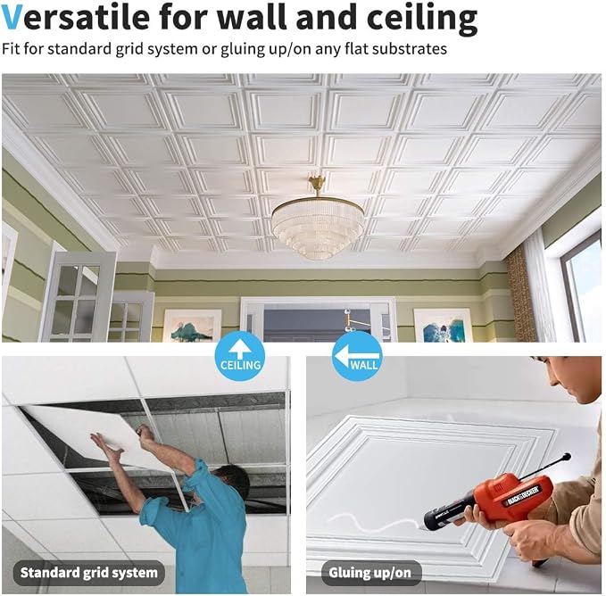 Art3d PVC Ceiling Tiles, 2'x2' Plastic Sheet in Pure White (48-Pack, Multi-Pack)