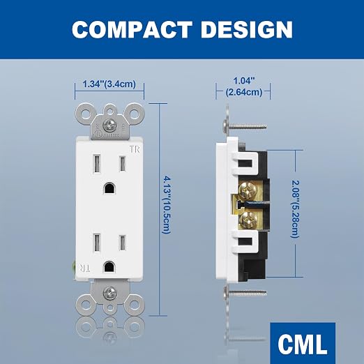 (100 Pack) CML 15 Amp Decor Wall Receptacle Outlet, Child-Safe Tamper Resistant (TR), 15A/125V, Standard Decorator Electrical Outlet, UL Listed, White
