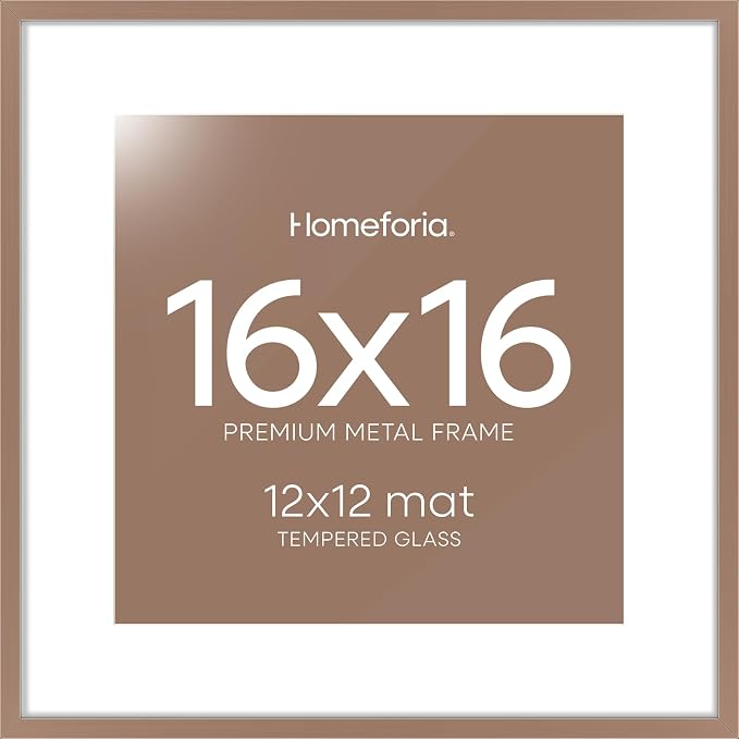 Homeforia 16x16 Picture Frame Mocha, High End Metal 16x16 Square Poster Frame Matted to 12x12 Print, 16 x 16 Mocha Frames with Mat 12 x 12 Photo, 16by16 Thin Frames, Tempered Glass, Wall Kit, Set of 1