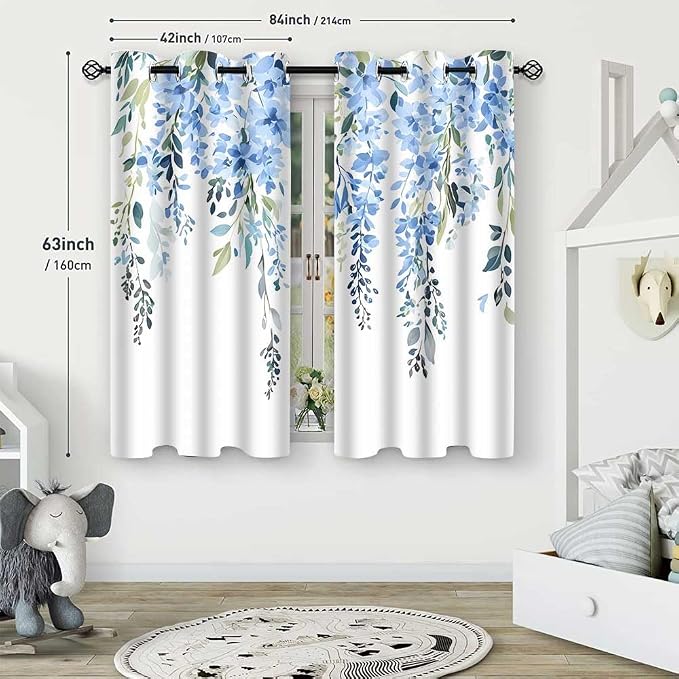Blue Watercolor Floral Curtains, 42x63 inch, 2 Panels | Botanical Leaves Vine Flowers, Rustic Farmhouse Style, Blackout Window Treatment, For Bedroom Living Room