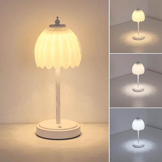 Shenmoyl Tulip Table Lamp with 5200mAh Battery & Touch Control, Cordless Small Table Lamp with 3 Colors, Dimmable Rechargeable Table Lamps for Living Room, Bedroom, Bedside (White Tulip & White Base)