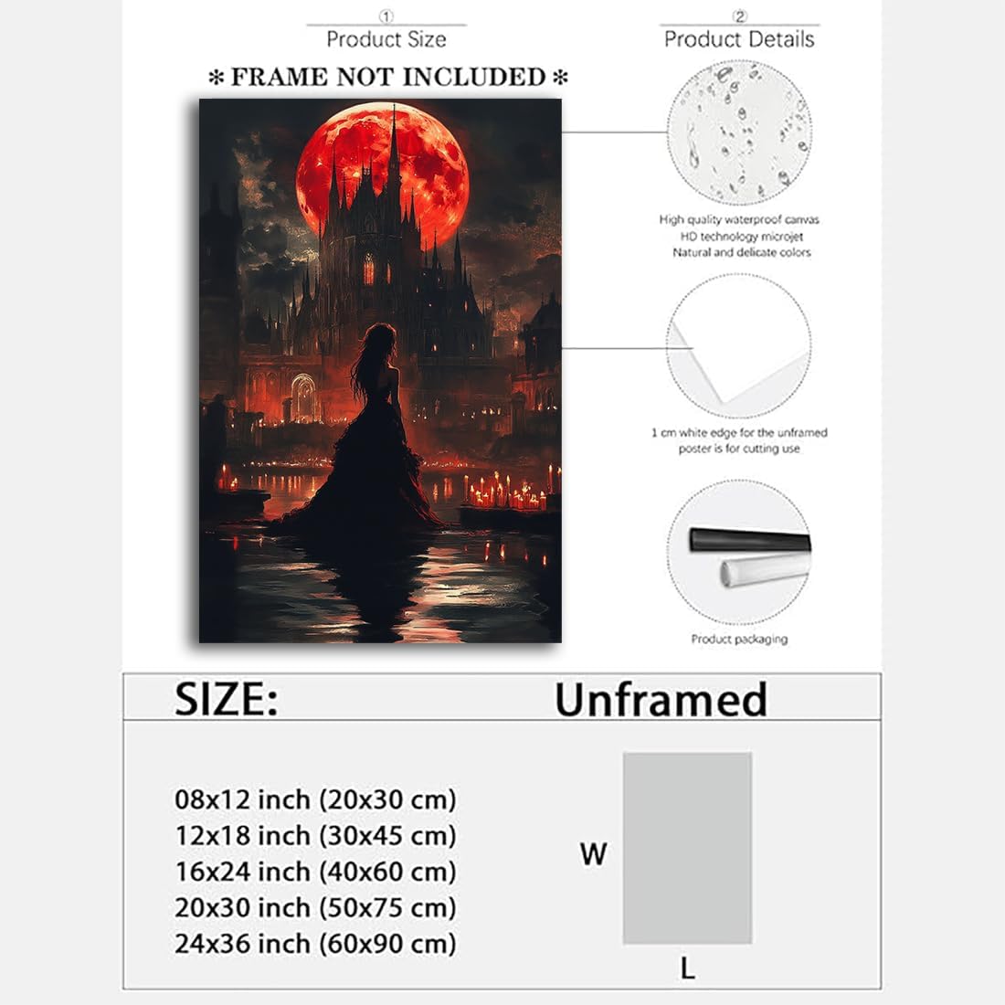 Halloween Witch Poster Canvas Prints Art Vintage Decor,Red Castle Blood Moon and Witch Scene Gothic Painting,Rustic Dark Academia Wall Art for Bathroom Spooky Living Room Wall Decor,24"x36" Unframed