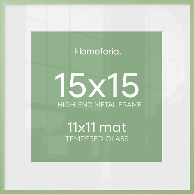 Homeforia 15x15 Picture Frame Sage Green, High End Metal 15 x 15 Square Poster Frames with Mat 11 x 11 Photo, 15x15 Frame Matted to 11x11 Art, 15by15 Hanging Frames, Tempered Glass, Wall Kit, Set of 1
