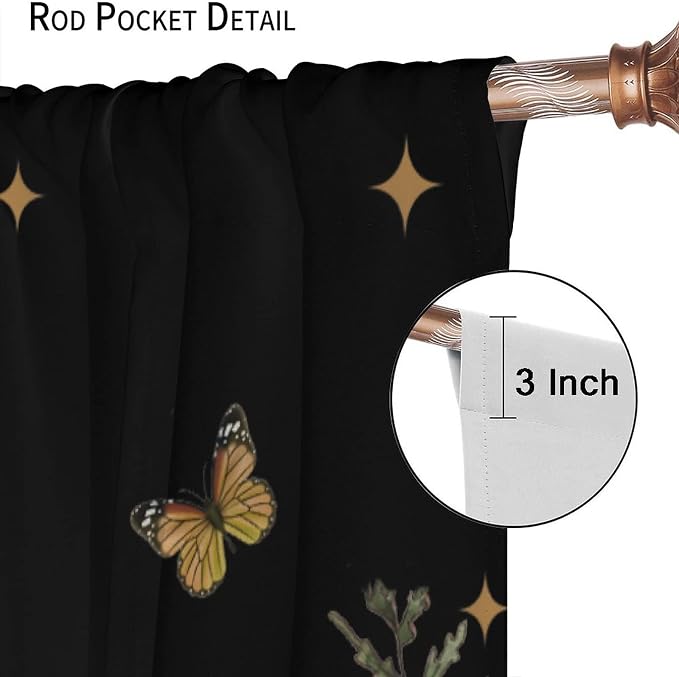 Retro Mushroom Blackout Curtains,Snail Butterfly Window Drapes,Boho Night Plants Leaves Moon Star Botanical for Living Room Kitchen Bedroom,Black Background 42x63in