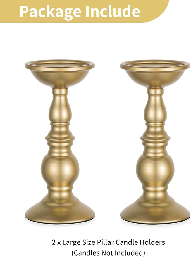 Set of 2 Gold Candlestick Metal Pillar Candle Holders, Flameless Candlestick Holders Stand Centerpieces Decoration Ideal for Weddings, Special Events, Parties