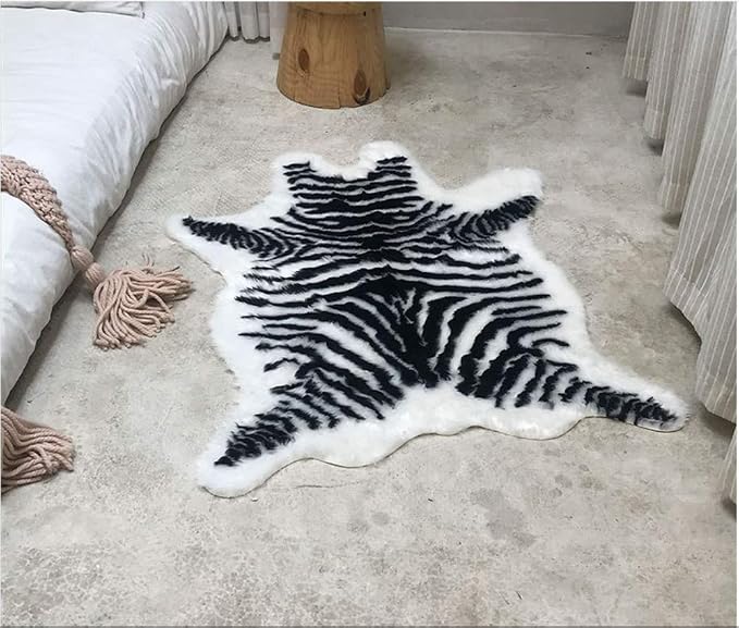 Zebra Print Rug Faux Animal Cowhide Skin Area Rug Leather Carpet Mat Small Size for Home Office Livingroom 3.1' x 3.6'