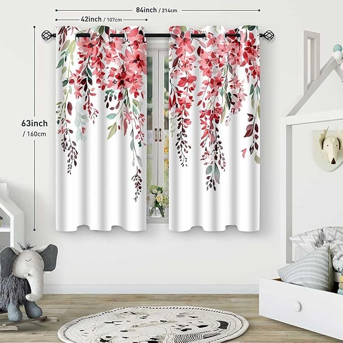 Red Watercolor Floral Curtains, 42x63 inch, 2 Panels | Botanical Leaves Vine Flowers, Rustic Farmhouse Style, Blackout Window Treatment, For Bedroom Living Room