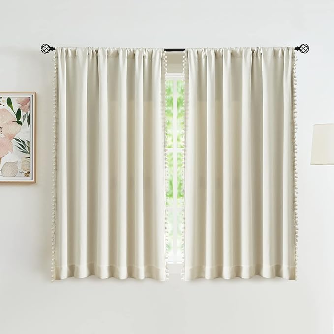 Treatmentex Pompom Window Curtain Panels Natural 45" Long Small Window Curtain Ivory Curtain Drapes for Basement Laundry Room Darkening Curtains 2Panels