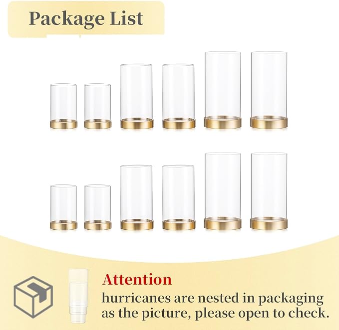Hewory Hurricane Candle Holder for Pillar Candles: Gold Votive Candle Holders Set of 12, Glass Hurricane with Metal Candle Plate, Pillar Candle Holder for Table Centerpiece Wedding Holiday Home Decor