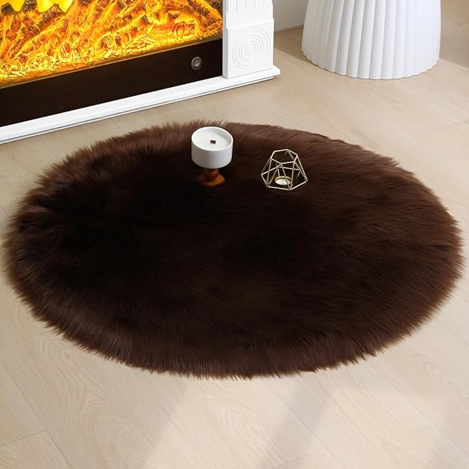 Faux Fur Rug 3 x 3 ft Round Coffee Shaggy Sheepskin Rug Soft Fluffy Plush Carpet Fuzzy for Bedroom Living Room Floor Nursery Kids Room Bedside Rugs