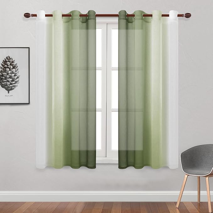 DWCN Ombre Sheer Curtains - 63 Inch Long Short Faux Linen Semi Voile Grommet Top Gradient Curtains for Bedroom and Living Room, Set of 2 Window Curtain Panels, 52 x 63 Inch Length, Light Olive Green
