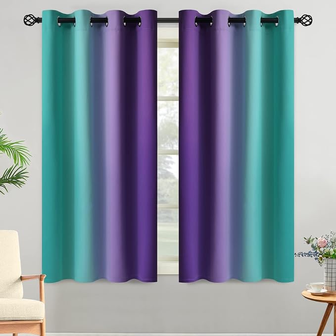 Yakamok Teal and Purple Blackout Curtains, Ombre Full Room Darkening Window Curtains for Living Room,Grommet Thermal Insulated Drapes,Light Blocking Curtains for Girls Bedroom,52x54 Inch, 2 Panels