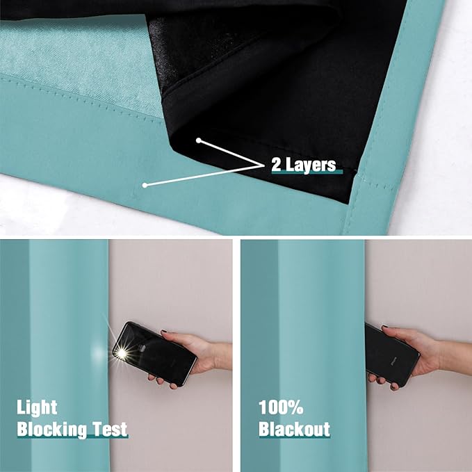 ChrisDowa 100% Blackout Curtains 84 inch Long for Bedroom with Black Liner, 2 Thick Layers Total Blackout Thermal Insulated Grommet Window Curtains 2 Panels Set (Aqua, 42 x 84 Inch)